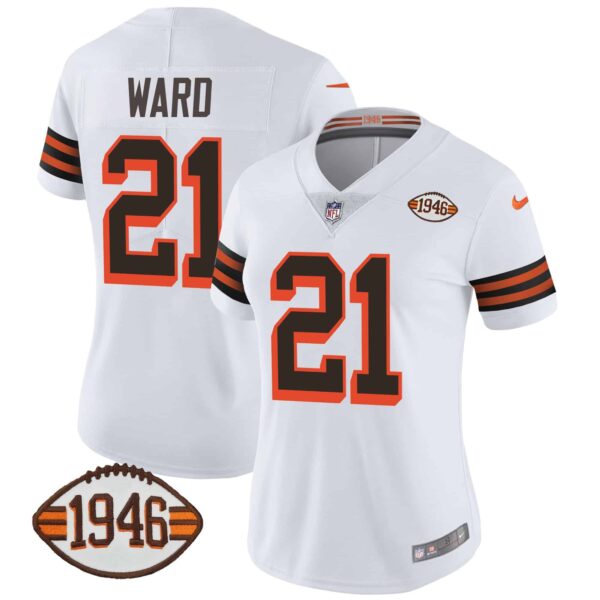 Women’s Browns 1946 75th Anniversary Patch Jersey – All Stitched – 1946 White – Denzel Ward
