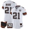 Women’s Browns #32 Jim Brown Memorial & Home Patch Jersey V3 – All Stitched – White – Denzel Ward