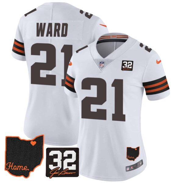 Women’s Browns #32 Jim Brown Memorial & Home Patch Jersey V3 – All Stitched – White – Denzel Ward