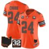 Women’s Browns #32 Jim Brown Memorial & Home Patch Jersey V3 – All Stitched – Orange – Nick Chubb
