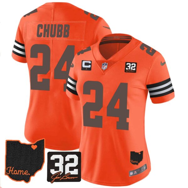 Women’s Browns #32 Jim Brown Memorial & Home Patch Jersey V3 – All Stitched – Orange – Nick Chubb
