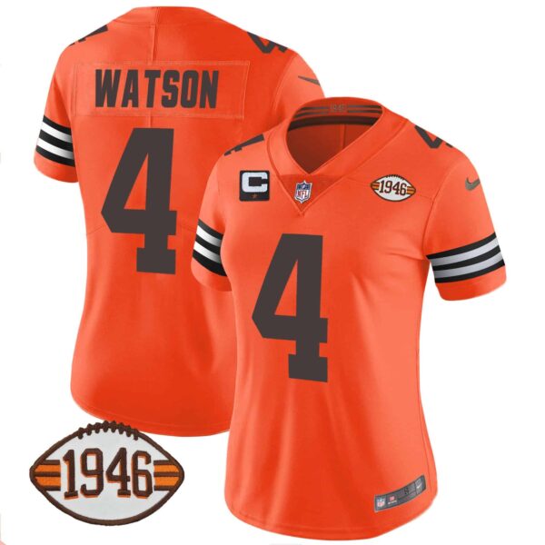 Women’s Browns 1946 75th Anniversary Patch Jersey – All Stitched – Orange – Deshaun Watson