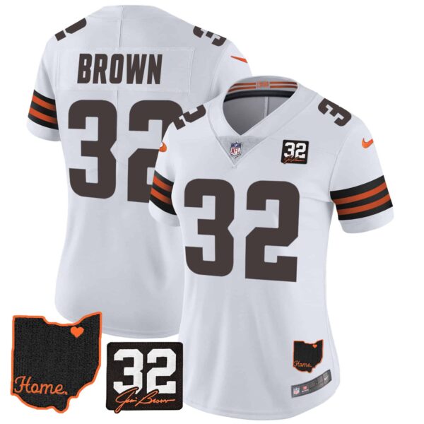 Women’s Browns #32 Jim Brown Memorial & Home Patch Jersey V3 – All Stitched – White – Jim Brown