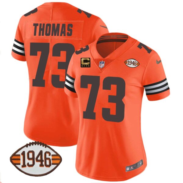 Women’s Browns 1946 75th Anniversary Patch Jersey – All Stitched – Orange – Joe Thomas