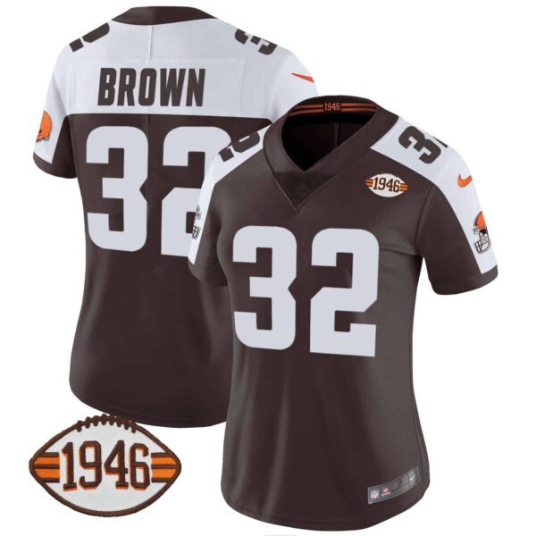 Women’s Browns 1946 75th Anniversary Patch Jersey – All Stitched – Alternate – Jim Brown