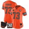 Women’s Browns #32 Jim Brown Memorial & Home Patch Jersey V3 – All Stitched – Orange – Joe Thomas