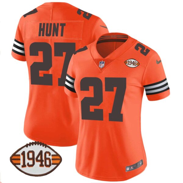 Women’s Browns 1946 75th Anniversary Patch Jersey – All Stitched – Orange – Kareem Hunt
