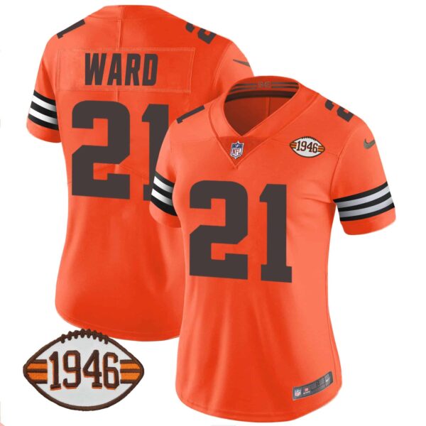 Women’s Browns 1946 75th Anniversary Patch Jersey – All Stitched – Orange – Denzel Ward