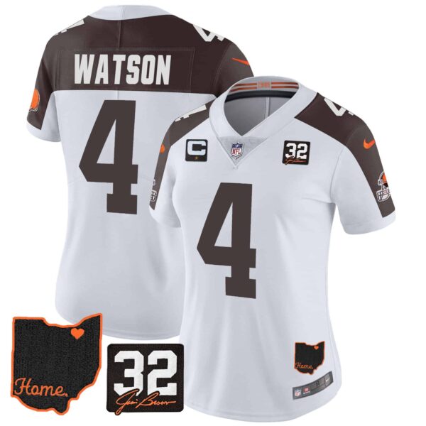 Women’s Browns #32 Jim Brown Memorial & Home Patch Jersey V3 – All Stitched – Inverted – Deshaun Watson