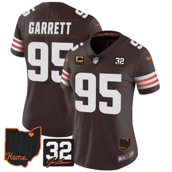 Women’s Browns #32 Jim Brown Memorial & Home Patch Jersey V3 – All Stitched – Brown – Myles Garrett