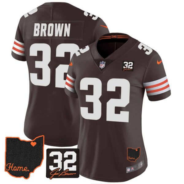 Women’s Browns #32 Jim Brown Memorial & Home Patch Jersey V3 – All Stitched – Brown – Jim Brown