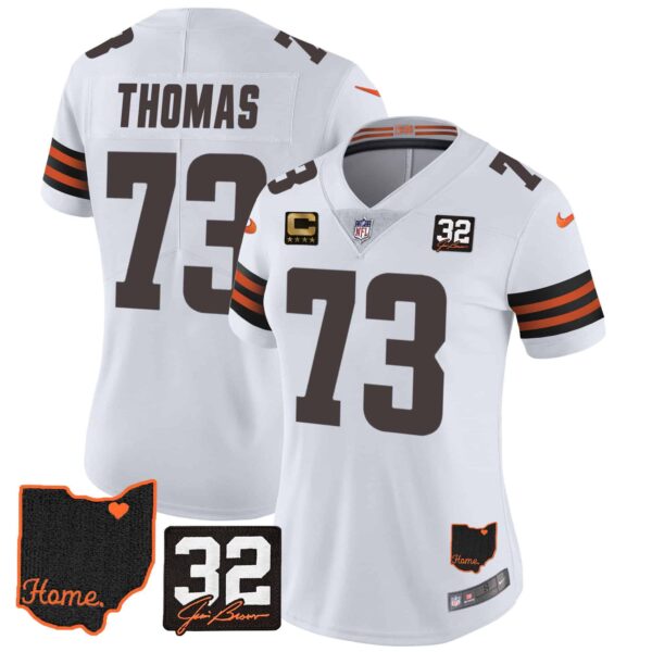 Women’s Browns #32 Jim Brown Memorial & Home Patch Jersey V3 – All Stitched – White – Joe Thomas