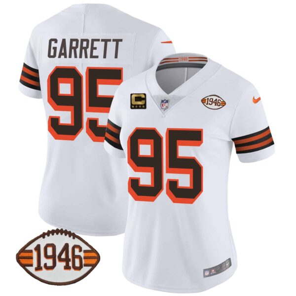Women’s Browns 1946 75th Anniversary Patch Jersey – All Stitched – 1946 White – Myles Garrett