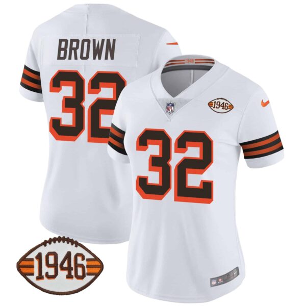 Women’s Browns 1946 75th Anniversary Patch Jersey – All Stitched – 1946 White – Jim Brown