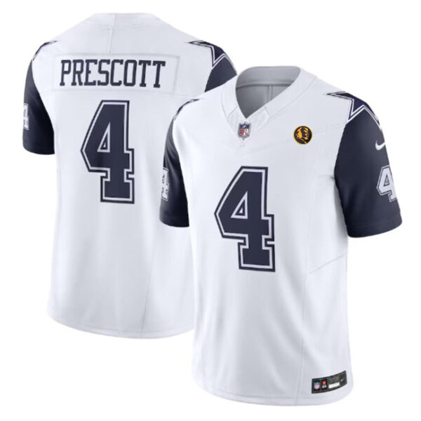 Dallas Cowboys #4 Dak Prescott White 2023 FUSE With John Madden Patch Vapor Jersey