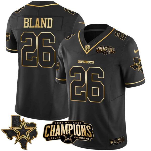 Men’s Cowboys 2023 NFC East Champions Patch Gold Vapor Jersey – All Stitched – Black Gold – DaRon Bland