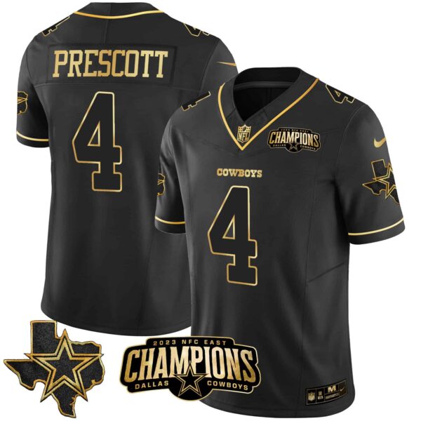 Men’s Cowboys 2023 NFC East Champions Patch Gold Vapor Jersey – All Stitched – Black Gold – Dak Prescott
