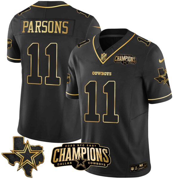 Men’s Cowboys 2023 NFC East Champions Patch Gold Vapor Jersey – All Stitched – Black Gold – Micah Parsons