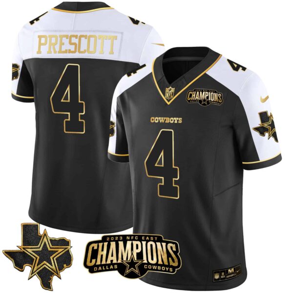Men’s Cowboys 2023 NFC East Champions Patch Gold Vapor Jersey – All Stitched – Alternate Gold – Dak Prescott