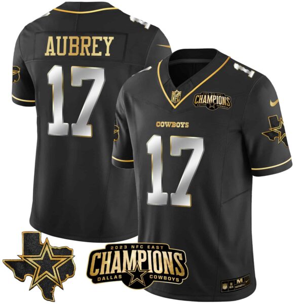 Men’s Cowboys 2023 NFC East Champions Patch Gold Vapor Jersey – All Stitched – Black Limited – Brandon Aubrey