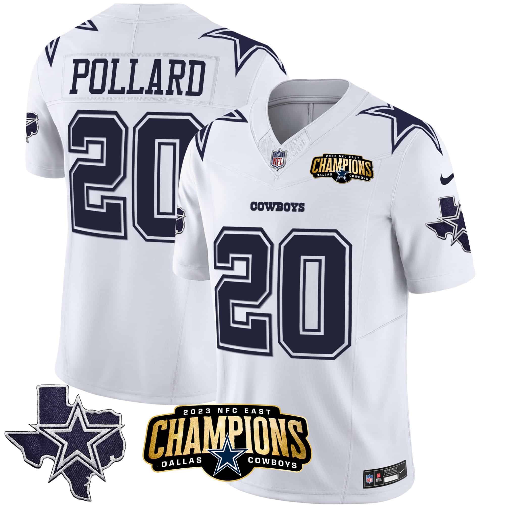 Men’s Cowboys 2023 NFC East Champions Patch Vapor Jersey – All Stitched – White – Tony Pollard