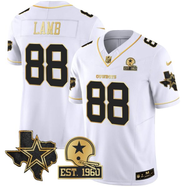 Men’s Cowboys 2023 NFC East Champions Patch Gold Vapor Jersey – All Stitched – White Gold – CeeDee Lamb