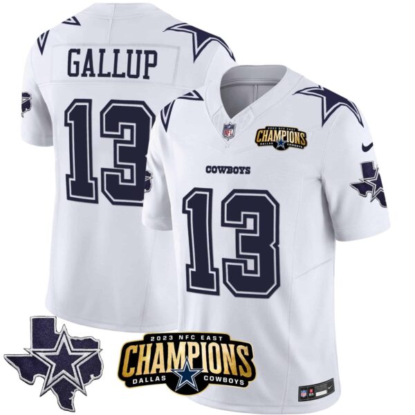 Men’s Cowboys 2023 NFC East Champions Patch Vapor Jersey – All Stitched – White – Michael Gallup