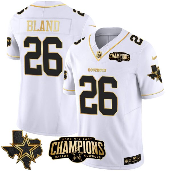 Men’s Cowboys 2023 NFC East Champions Patch Gold Vapor Jersey – All Stitched – White Gold – DaRon Bland