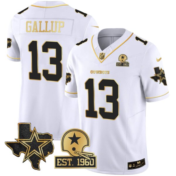 Men’s Cowboys 2023 NFC East Champions Patch Gold Vapor Jersey – All Stitched – White Gold – Michael Gallup