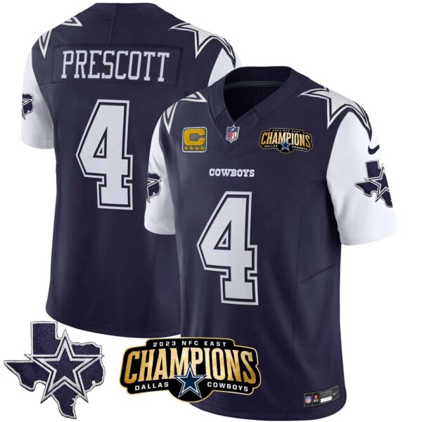 Men’s Cowboys 2023 NFC East Champions Patch Vapor Jersey – All Stitched – Navy – Dak Prescott