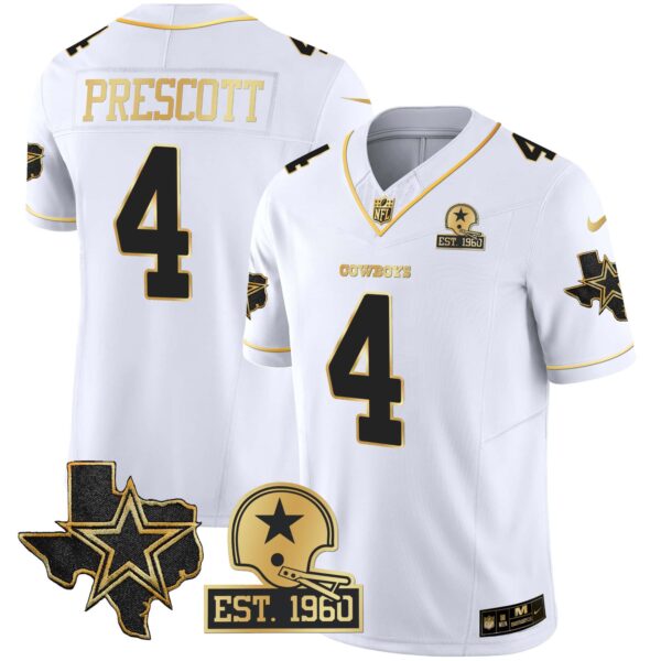 Men’s Cowboys Texas Patch Gold Vapor Jersey – All Stitched – White Gold – Dak Prescott