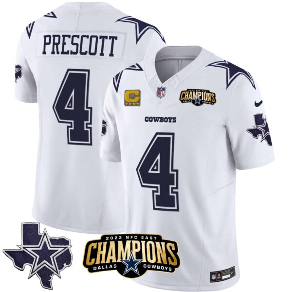 Men’s Cowboys 2023 NFC East Champions Patch Vapor Jersey – All Stitched – White – Dak Prescott