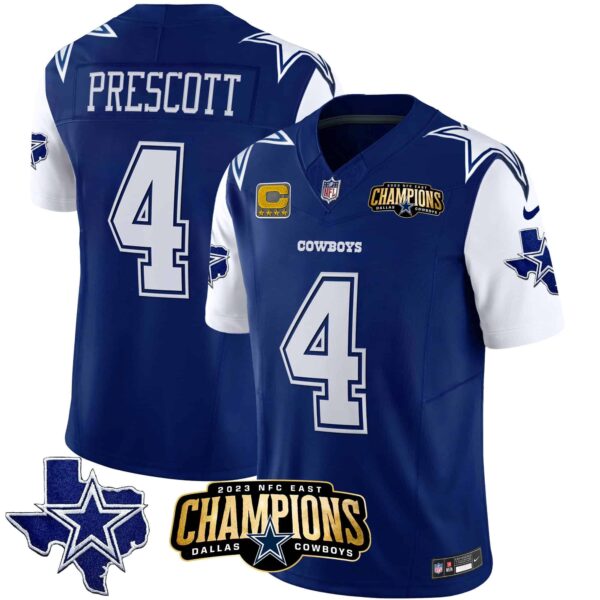 Men’s Cowboys 2023 NFC East Champions Patch Vapor Jersey – All Stitched – Royal – Dak Prescott