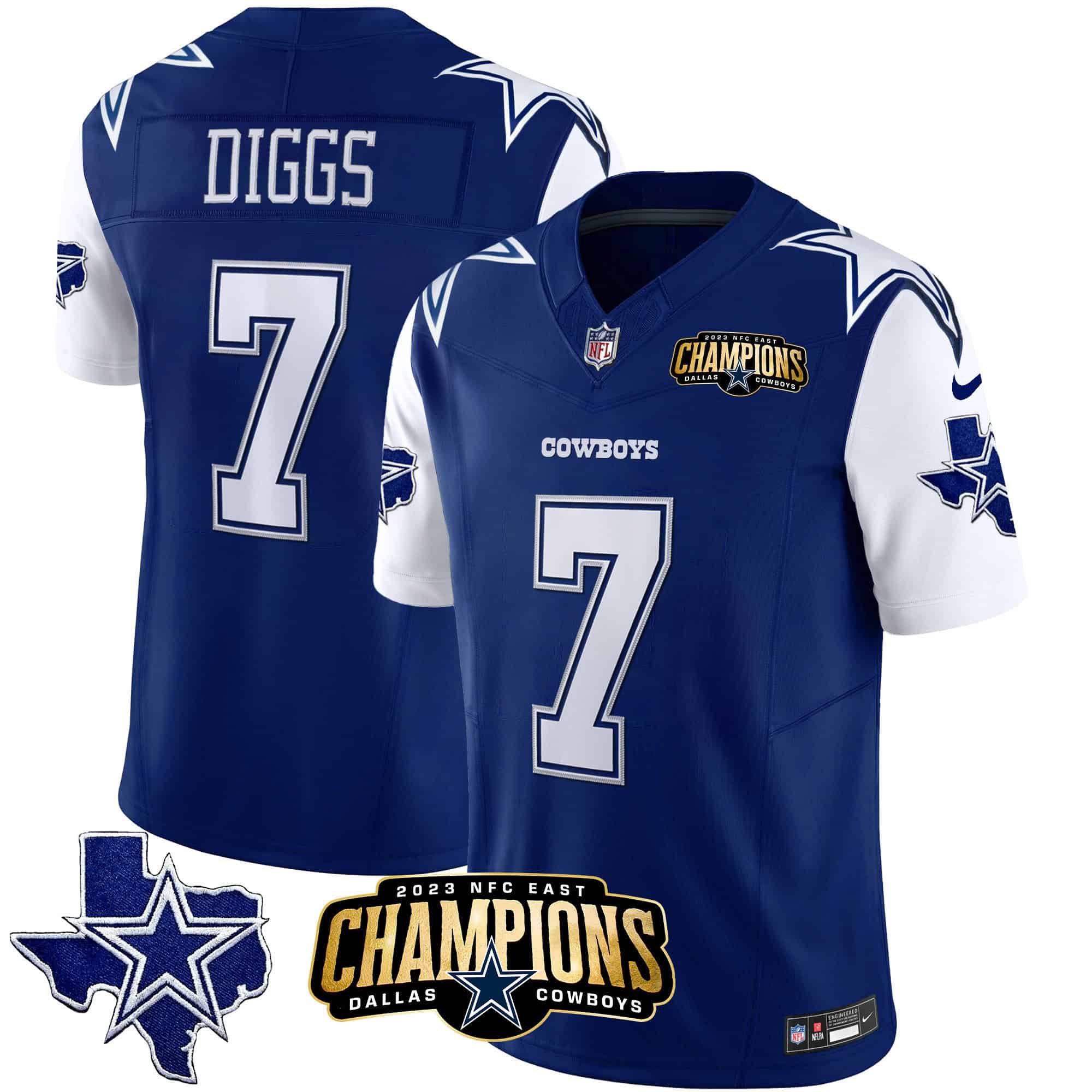 Men’s Cowboys 2023 NFC East Champions Patch Vapor Jersey – All Stitched – Royal – Trevon Diggs