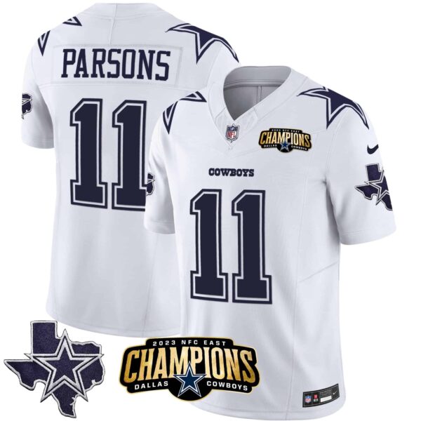 Men’s Cowboys 2023 NFC East Champions Patch Vapor Jersey – All Stitched – White – Micah Parsons