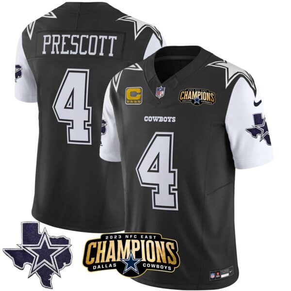 Men’s Cowboys 2023 NFC East Champions Patch Vapor Jersey – All Stitched – Black – Dak Prescott