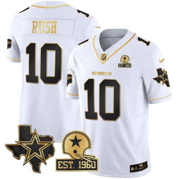 Men’s Cowboys Texas Patch Gold Vapor Jersey – All Stitched – White Gold – Cooper Rush