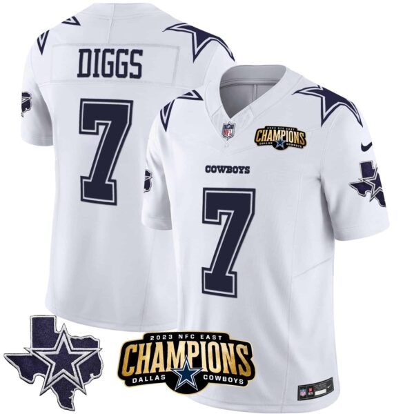 Men’s Cowboys 2023 NFC East Champions Patch Vapor Jersey – All Stitched – White – Trevon Diggs