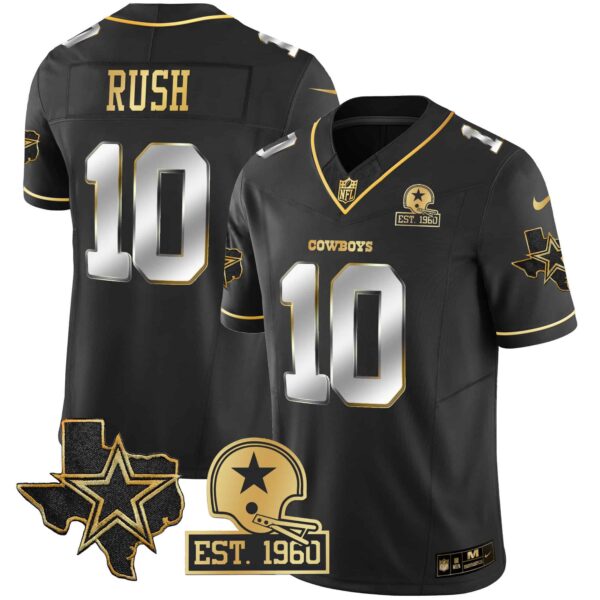Men’s Cowboys Texas Patch Gold Vapor Jersey – All Stitched – Black Limited – Cooper Rush