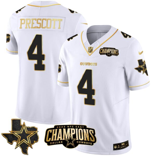 Men’s Cowboys 2023 NFC East Champions Patch Gold Vapor Jersey – All Stitched – White Gold – Dak Prescott