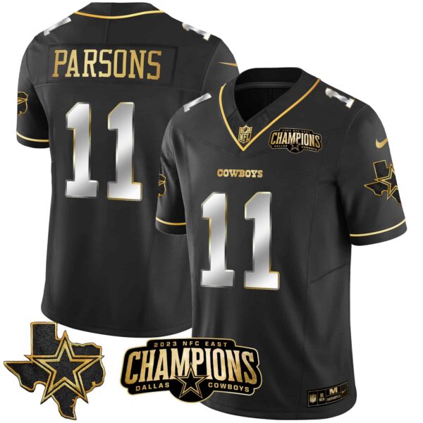 Men’s Cowboys 2023 NFC East Champions Patch Gold Vapor Jersey – All Stitched – Black Limited – Micah Parsons