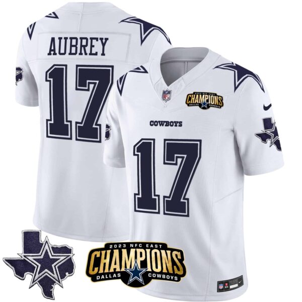 Men’s Cowboys 2023 NFC East Champions Patch Vapor Jersey – All Stitched – White – Brandon Aubrey
