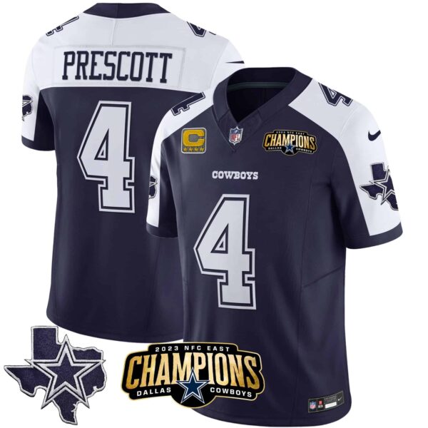Men’s Cowboys 2023 NFC East Champions Patch Vapor Jersey – All Stitched – Alternate Navy – Dak Prescott
