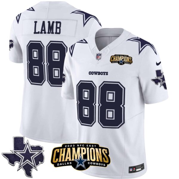 Men’s Cowboys 2023 NFC East Champions Patch Vapor Jersey – All Stitched – White – CeeDee Lamb