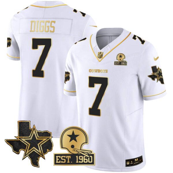 Men’s Cowboys Texas Patch Gold Vapor Jersey – All Stitched – White Gold – Trevon Diggs