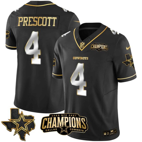 Men’s Cowboys 2023 NFC East Champions Patch Gold Vapor Jersey – All Stitched – Black Limited – Dak Prescott