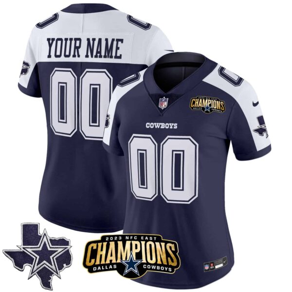 Cowboys 2023 NFC East Champions Patch Vapor Custom Jersey – All Stitched – Women – Alternate Navy