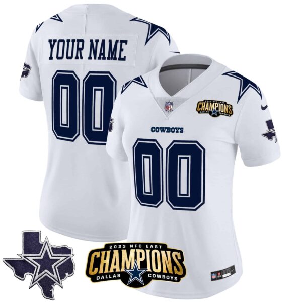 Cowboys 2023 NFC East Champions Patch Vapor Custom Jersey – All Stitched – Women – White