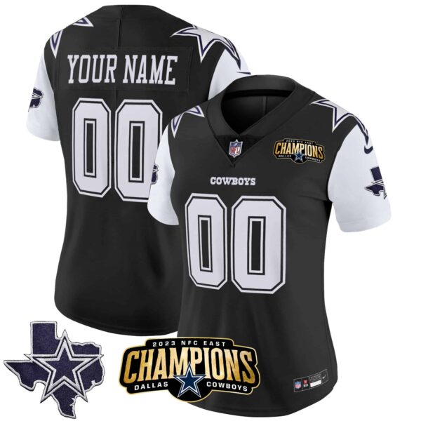 Cowboys 2023 NFC East Champions Patch Vapor Custom Jersey – All Stitched – Women – Black