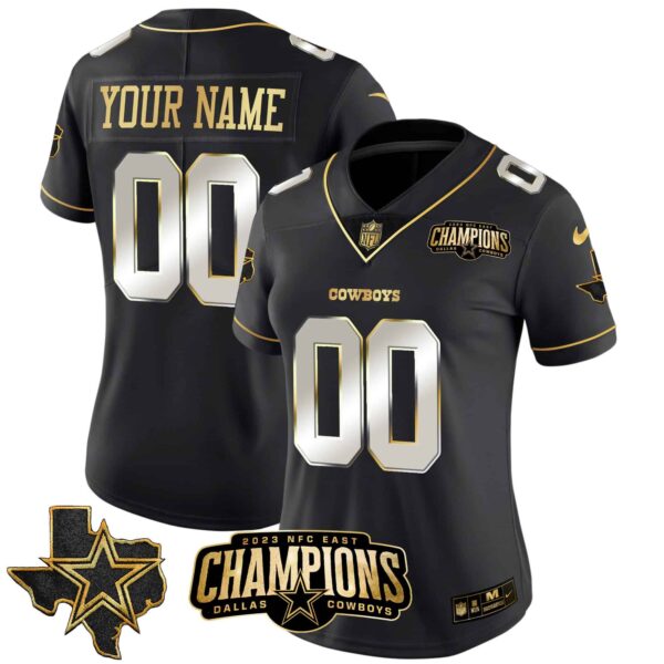 Cowboys 2023 NFC East Champions Patch Gold Vapor Custom Jersey – All Stitched – Women – Black Limited